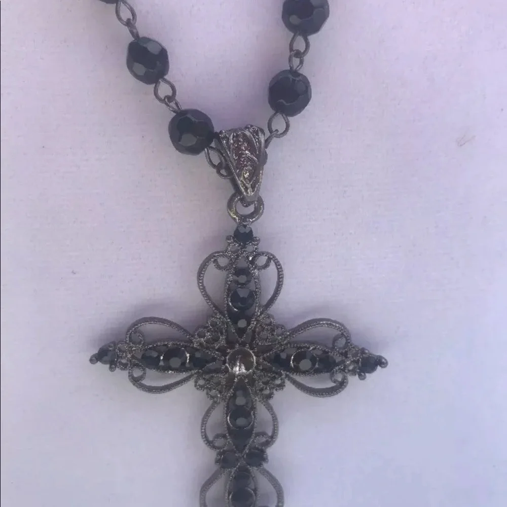 Cross necklace black beads Long rosary‎ style